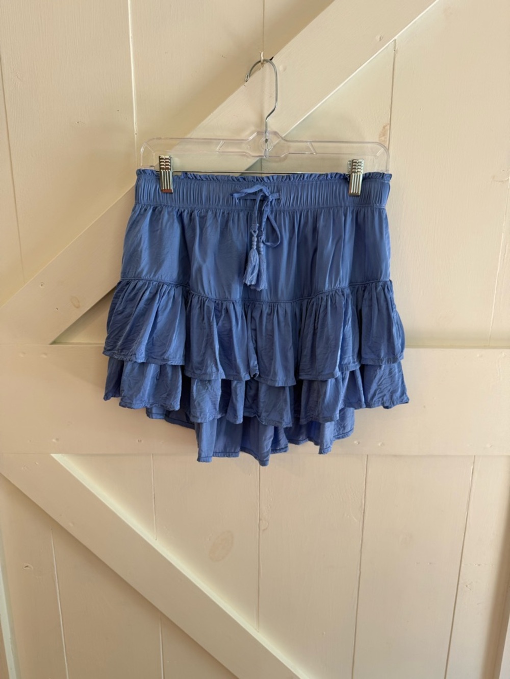 Aerie Blue Tiered Ruffle Mini Skirt Medium Smocked Waist Boho Tassel Tie